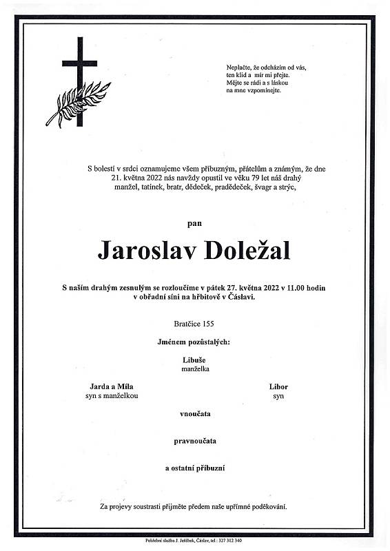 Smuteční oznámení: Jaroslav Doležal.