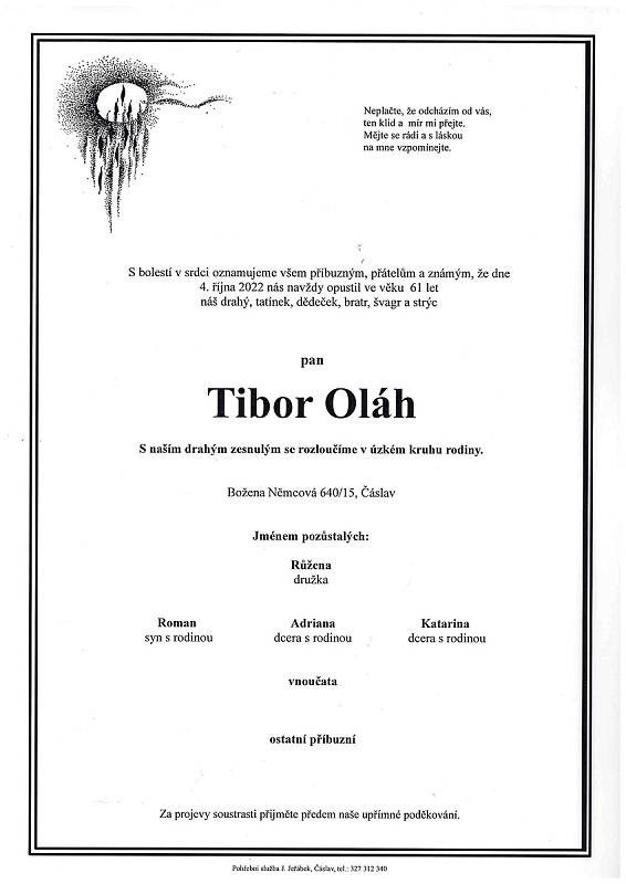 Smuteční oznámení: Tibor Oláh.