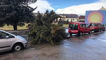 Druhá vlna orkánu Sabine již udeřila silněji. Strom spadl mezi auta u obchodního domu Billa v Kutné Hoře, vichr sebral střechu z protějšího domu.