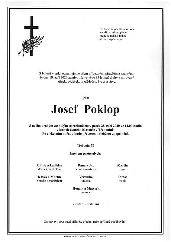 Smuteční parte: Josef Poklop.