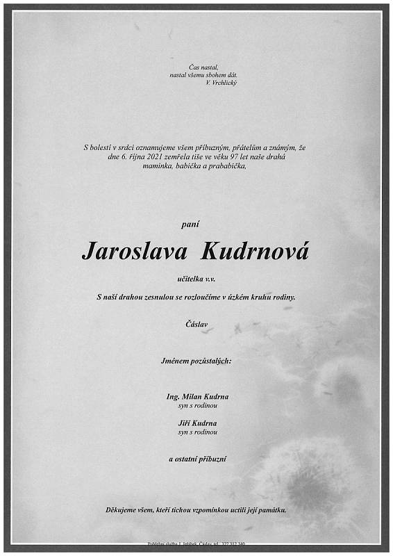 Smuteční oznámení: Jaroslava Kudrnová.