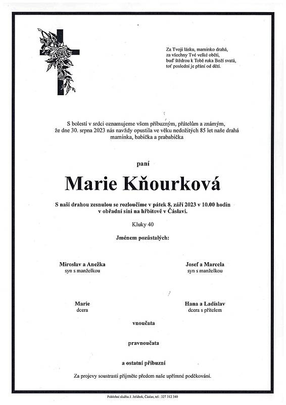 Smuteční oznámení: Marie Kňourková.