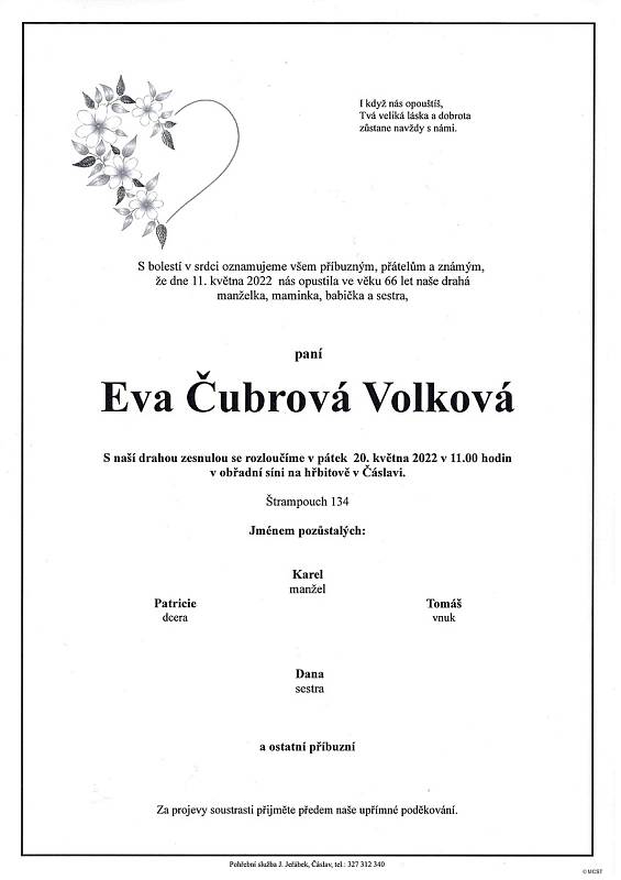 Smuteční oznámení: Eva Čubrová Volková.
