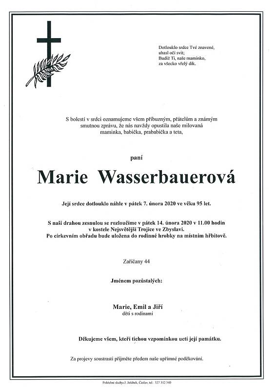 Smuteční parte: Marie Wasserbauerová.