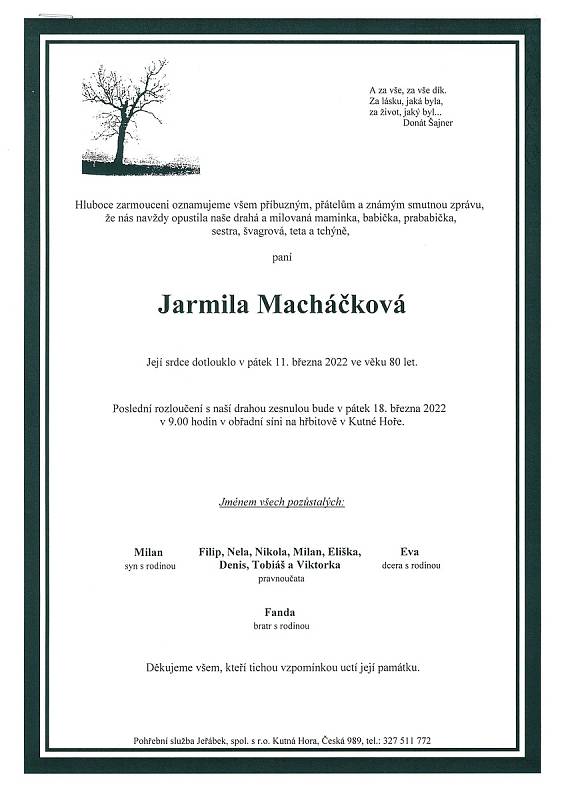 Smuteční oznámení: Jarmila Macháčková.