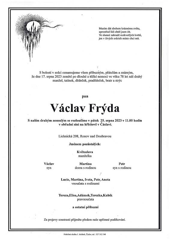 Smuteční oznámení: Václav Frýda.