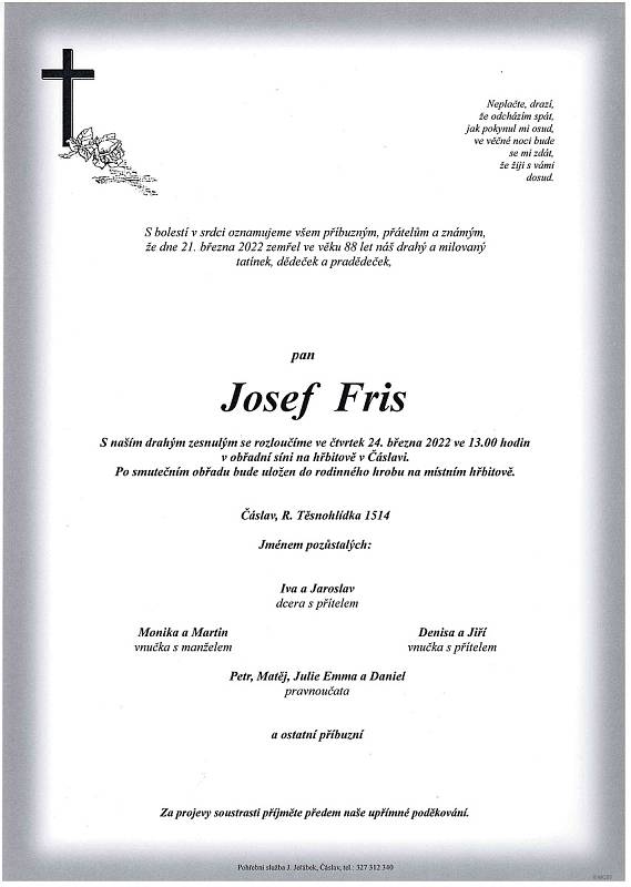 Smuteční oznámení: Josef Fris.