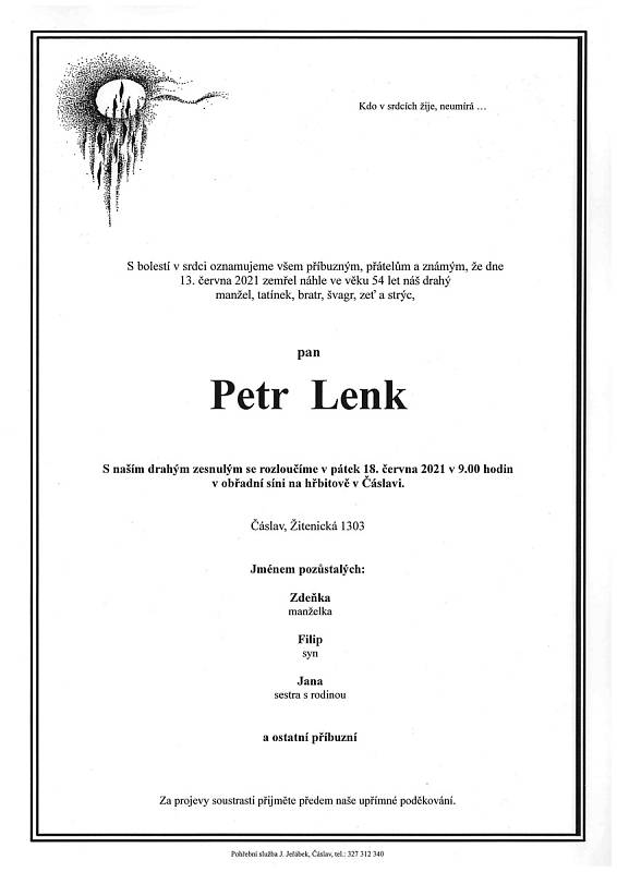 Smuteční oznámení: Petr Lenk.
