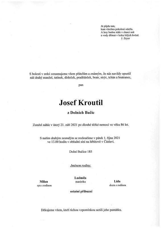 Smuteční oznámení: Josef Kroutil.