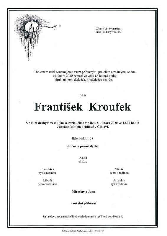 Smuteční parte: František Kroufek.