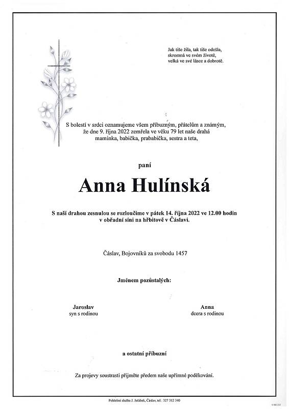 Smuteční oznámení: Anna Hulínská.