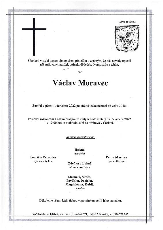 Smuteční oznámení: Václav Moravec.