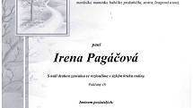 Smuteční oznámení: Irena Pagáčová.