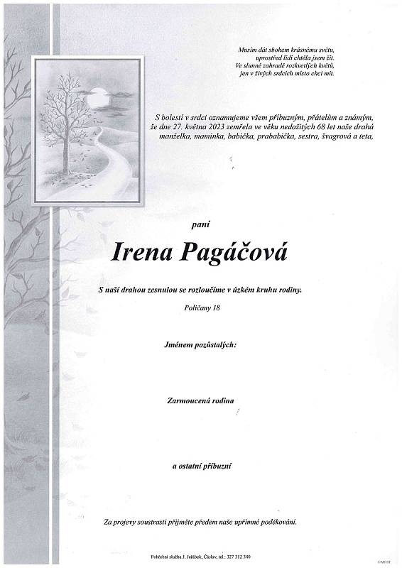 Smuteční oznámení: Irena Pagáčová.