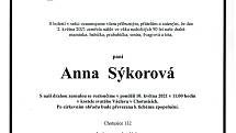 Smuteční oznámení: Anna Sýkorová.