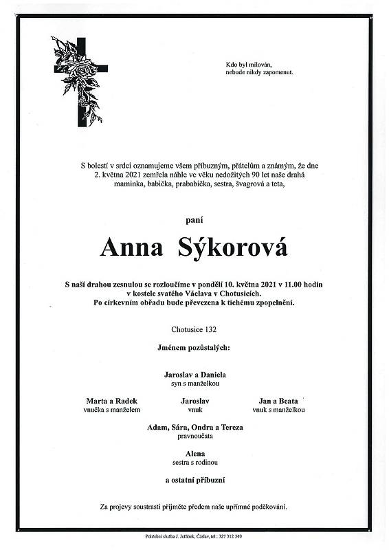 Smuteční oznámení: Anna Sýkorová.