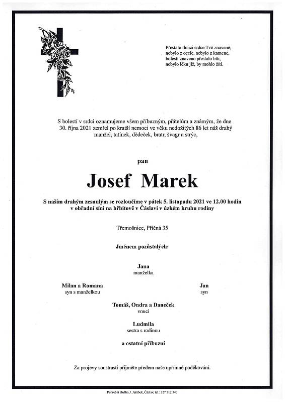 Smuteční oznámení: Josef Marek.