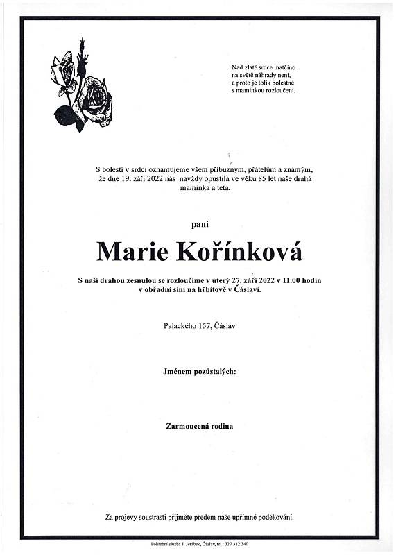 Smuteční oznámení: Marie Kořínková.