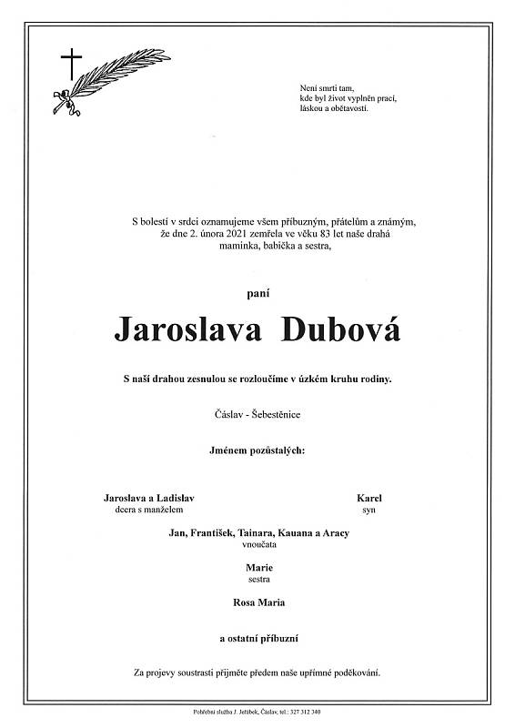 Smuteční parte: Jaroslava Dubová.
