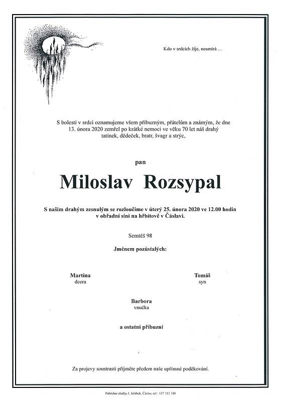 Smuteční parte: Miloslav Rozsypal.
