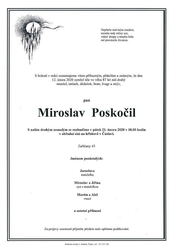 Smuteční parte: Miroslav Poskočil.