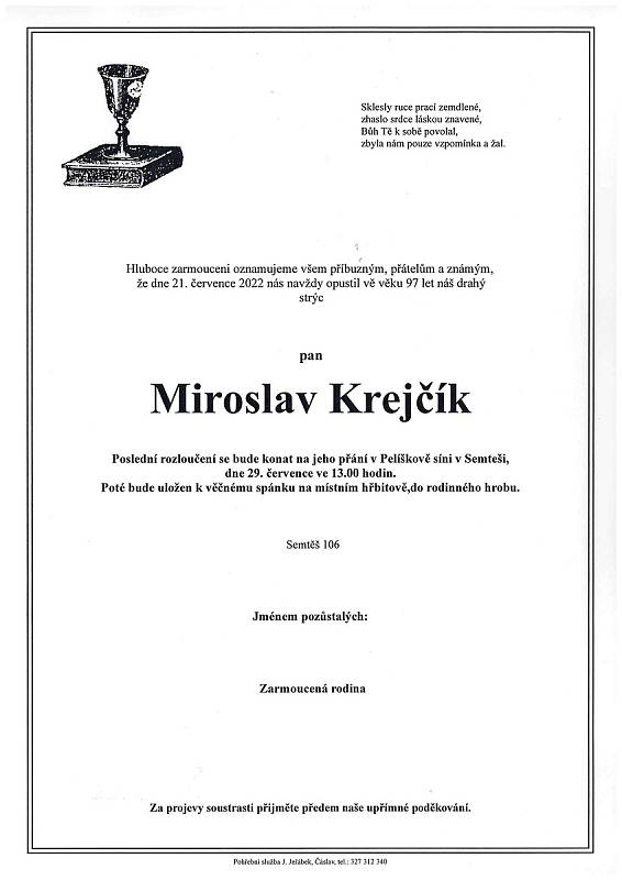 Smuteční oznámení: Miroslav Krejčík.