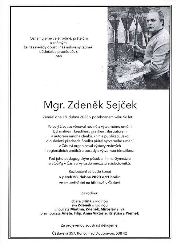 Smuteční oznámení: Mgr. Zdeněk Sejček.