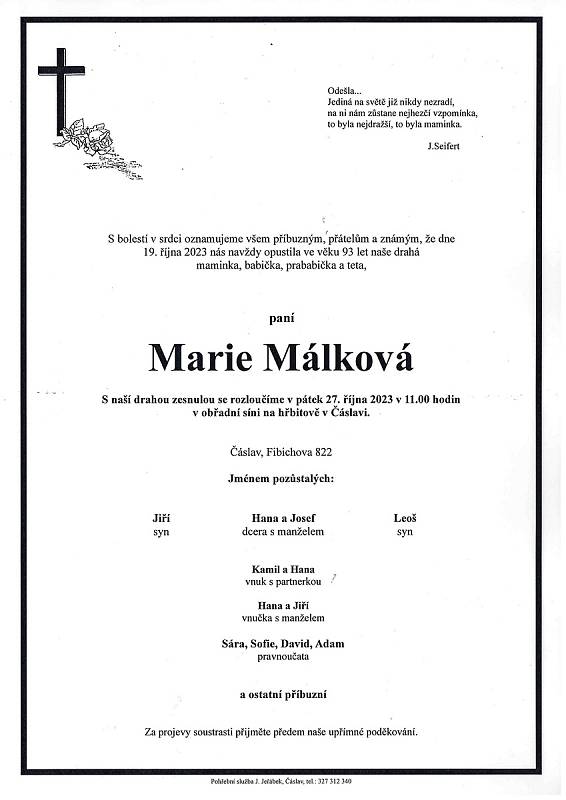 Smuteční oznámení: Marie Málková.