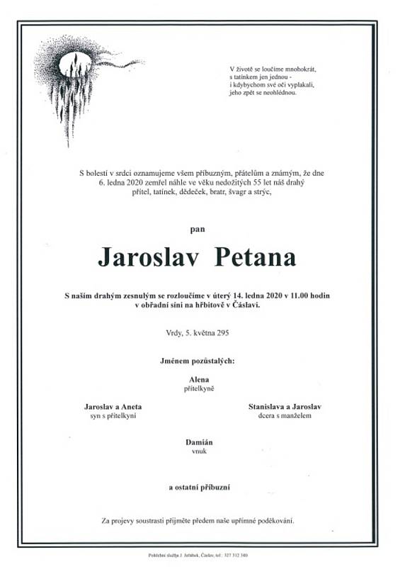 Smuteční parte: Jaroslav Petana.