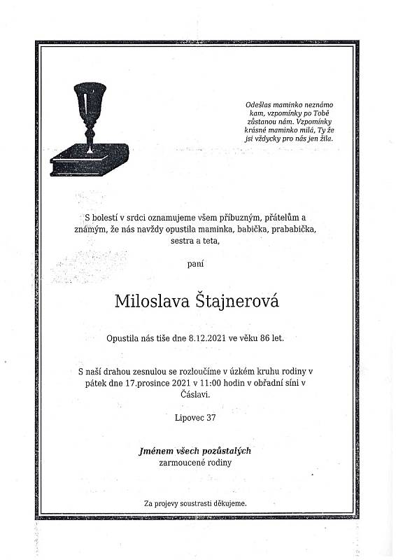 Smuteční oznámení: Miloslava Štajnerová.