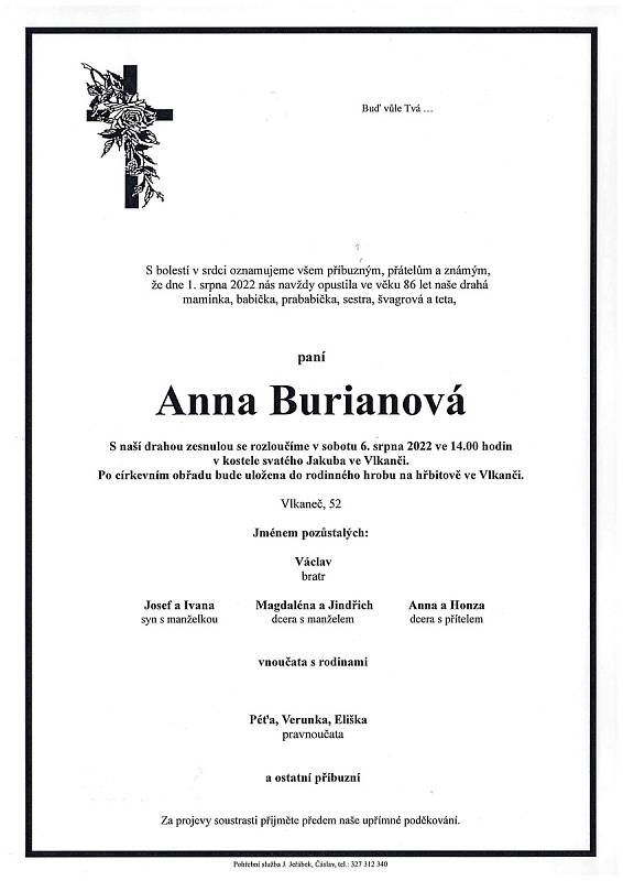 Smuteční oznámení: Anna Burianová.