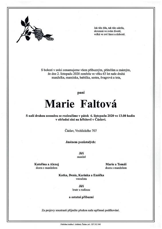 Smuteční parte: Marie Faltová.