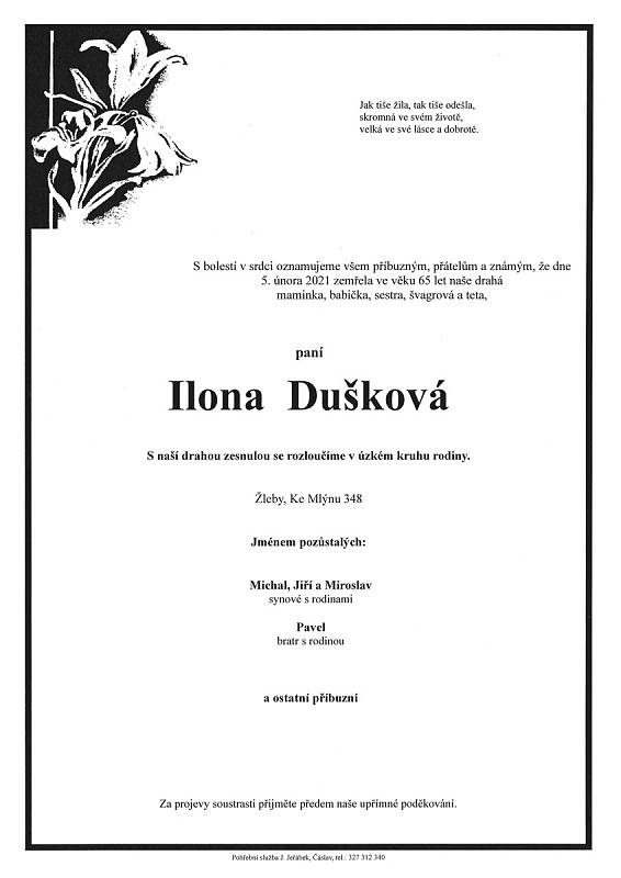 Smuteční parte: Ilona Dušková.