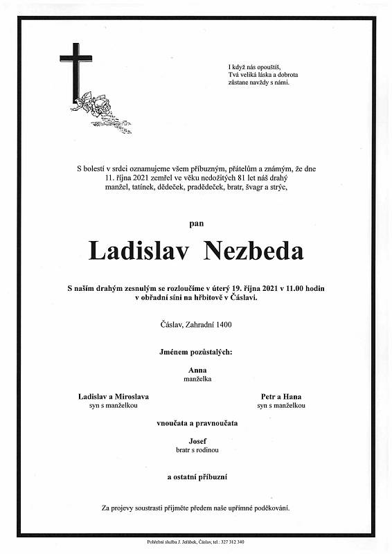 Smuteční oznámení: Ladislav Nezbeda.