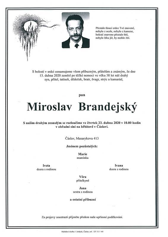 Smuteční parte: Miroslav Brandejský.