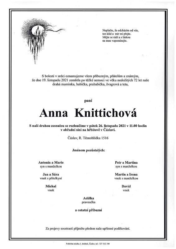 Smuteční oznámení: Anna Knittichová.
