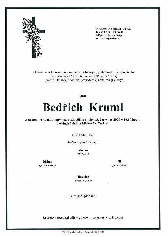 Smuteční parte: Bedřich Kruml.