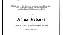 Smuteční oznámení: Jiřina Štefcová.