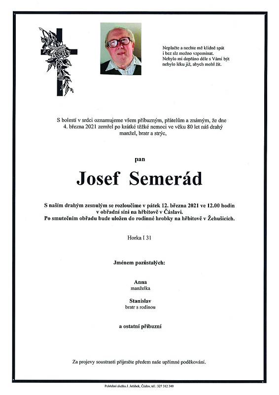 Smuteční oznámení: Josef Semerád.