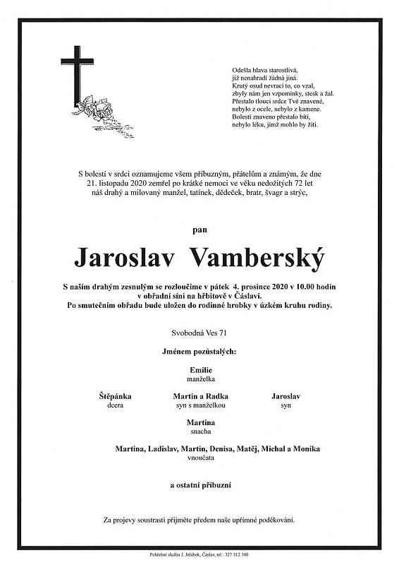 Smuteční parte: Jaroslav Vamberský.