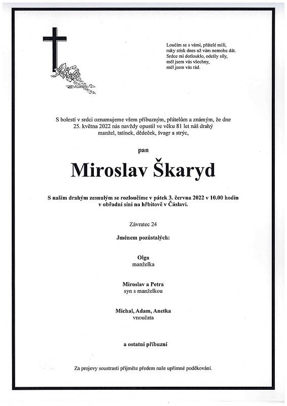 Smuteční oznámení: Miroslav Škaryd.