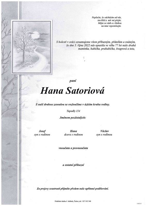 Smuteční oznámení: Hana Satoriová.