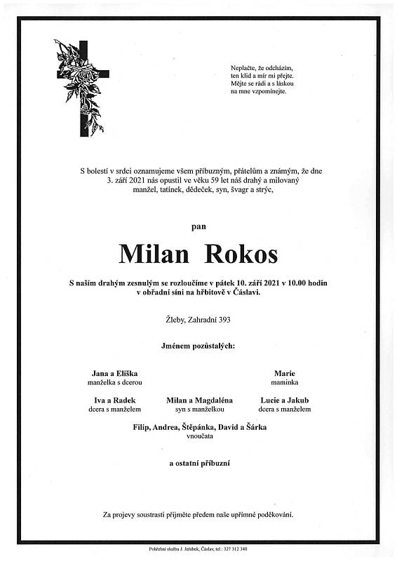 Smuteční oznámení: Milan Rokos.