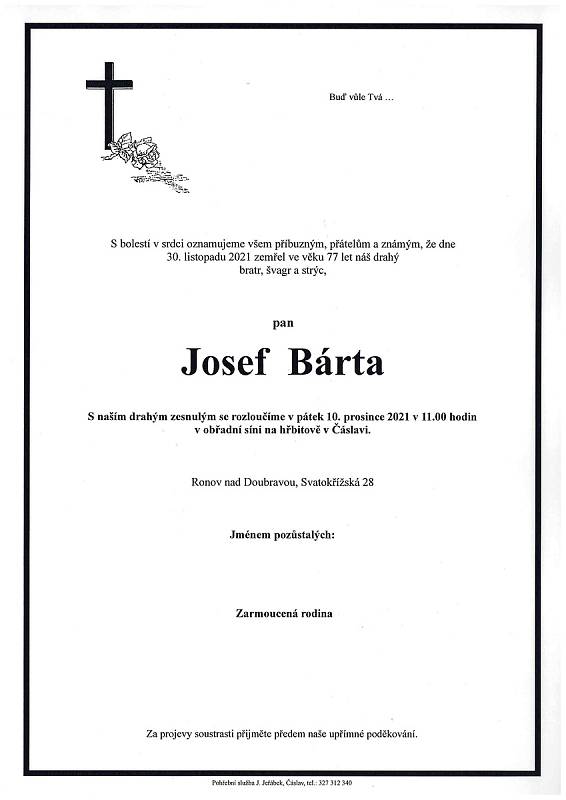 Smuteční oznámení: Josef Bárta.