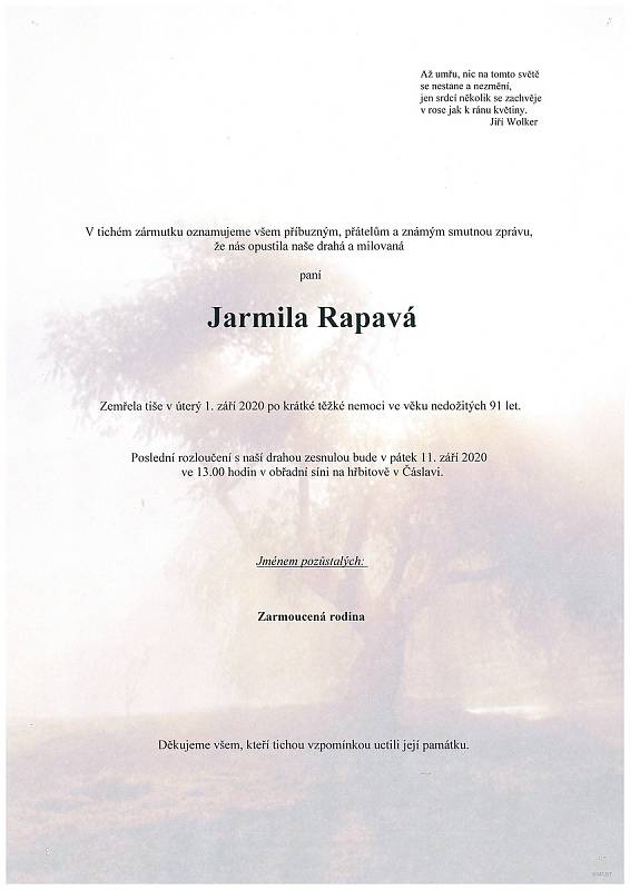 Smuteční parte: Jarmila Rapavá.