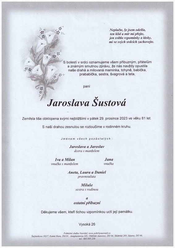 Smuteční oznámení: Jaroslava Šustová.