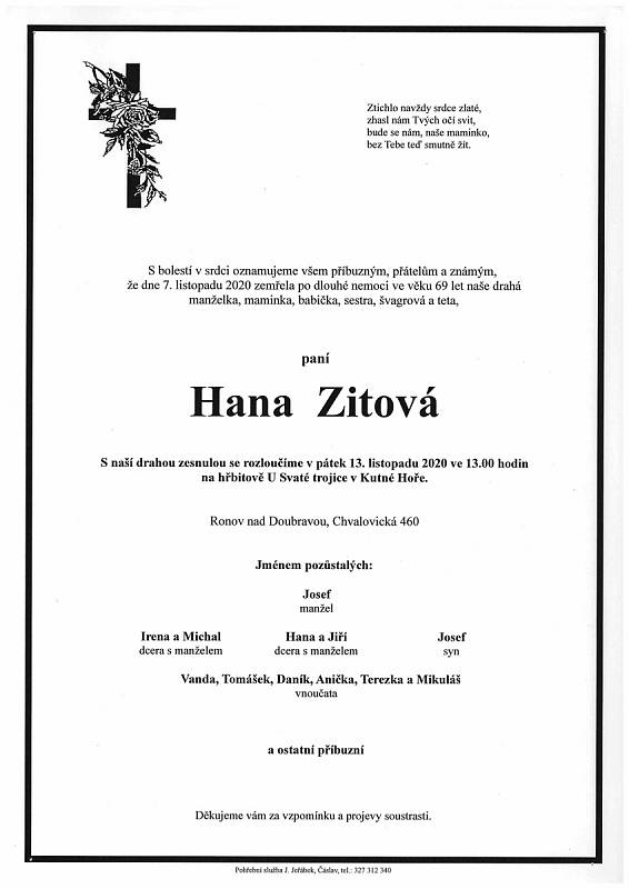 Smuteční parte: Hana Zitová.