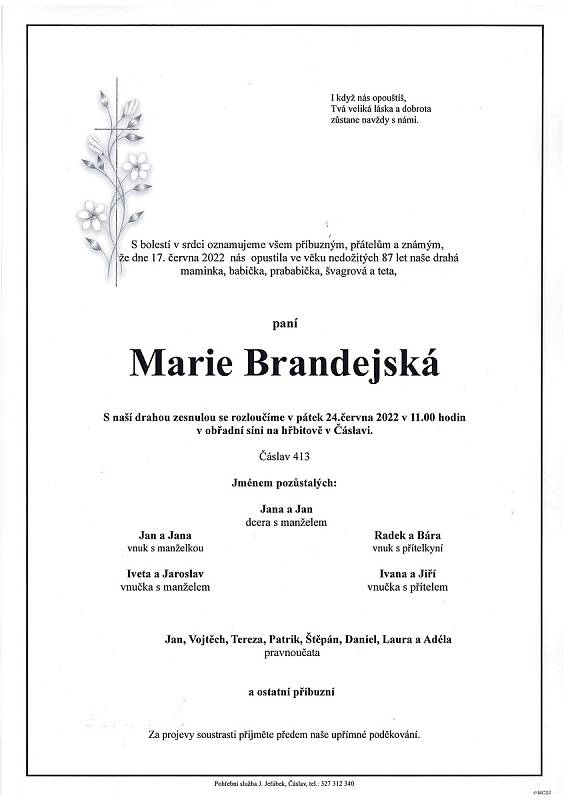 Smuteční oznámení: Marie Brandejská.