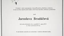 Smuteční oznámení: Jaroslava Bradáčová.