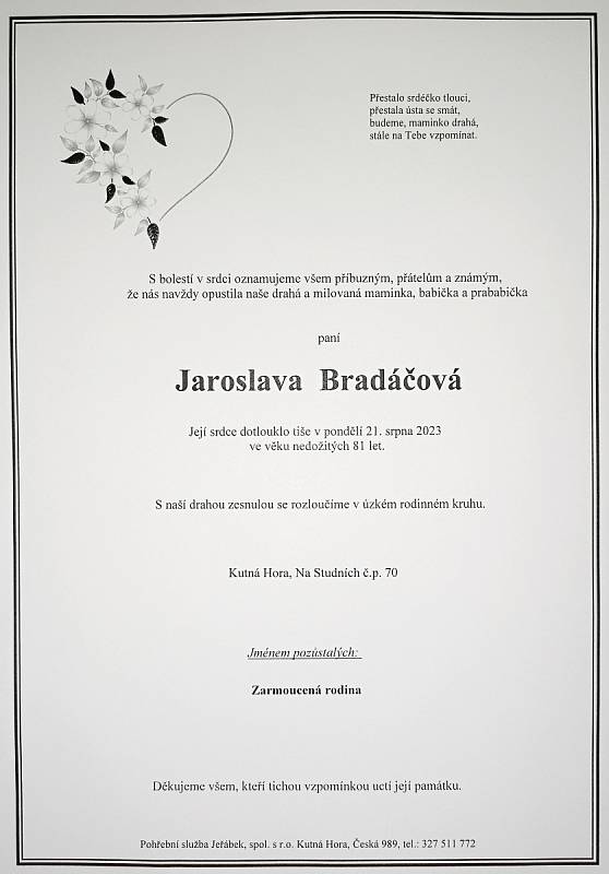 Smuteční oznámení: Jaroslava Bradáčová.